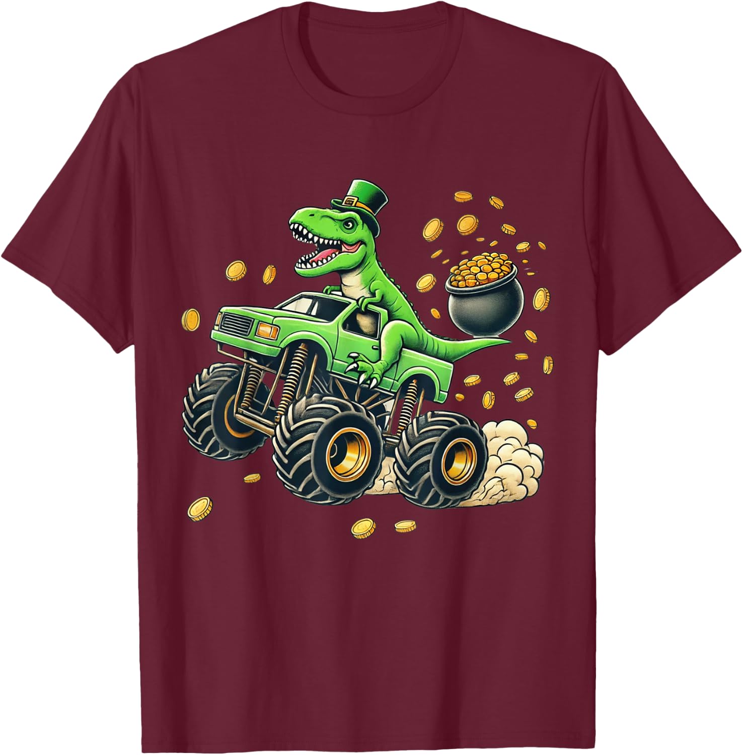 Boys Monster Truck T-rex St Patricks Day Dinosaur Kids Cute T-Shirt - T-Shirt | Maroon