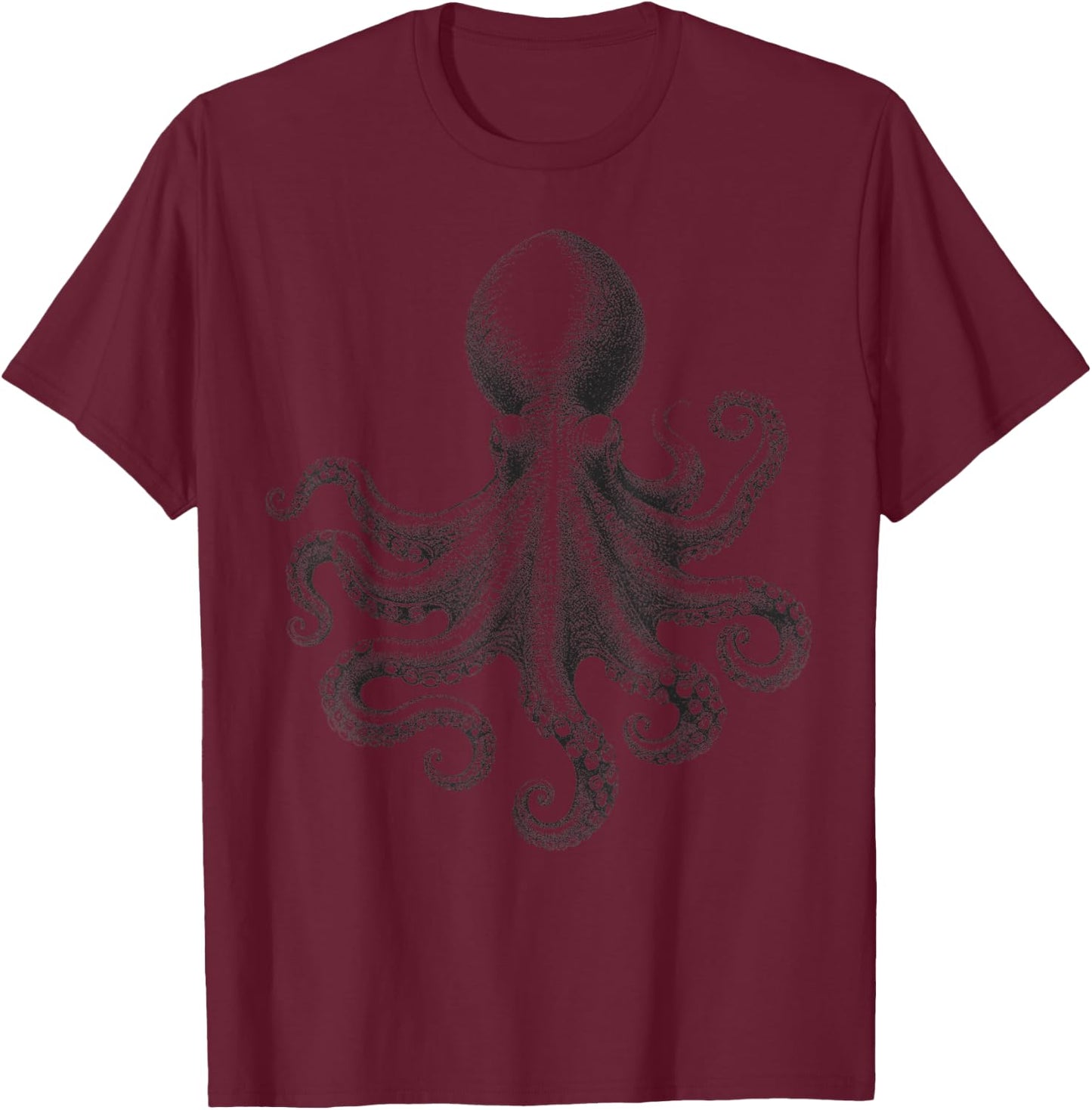Vintage Octopus Illustration Marine Life Intricate Realistic T-Shirt - T-Shirt | Maroon