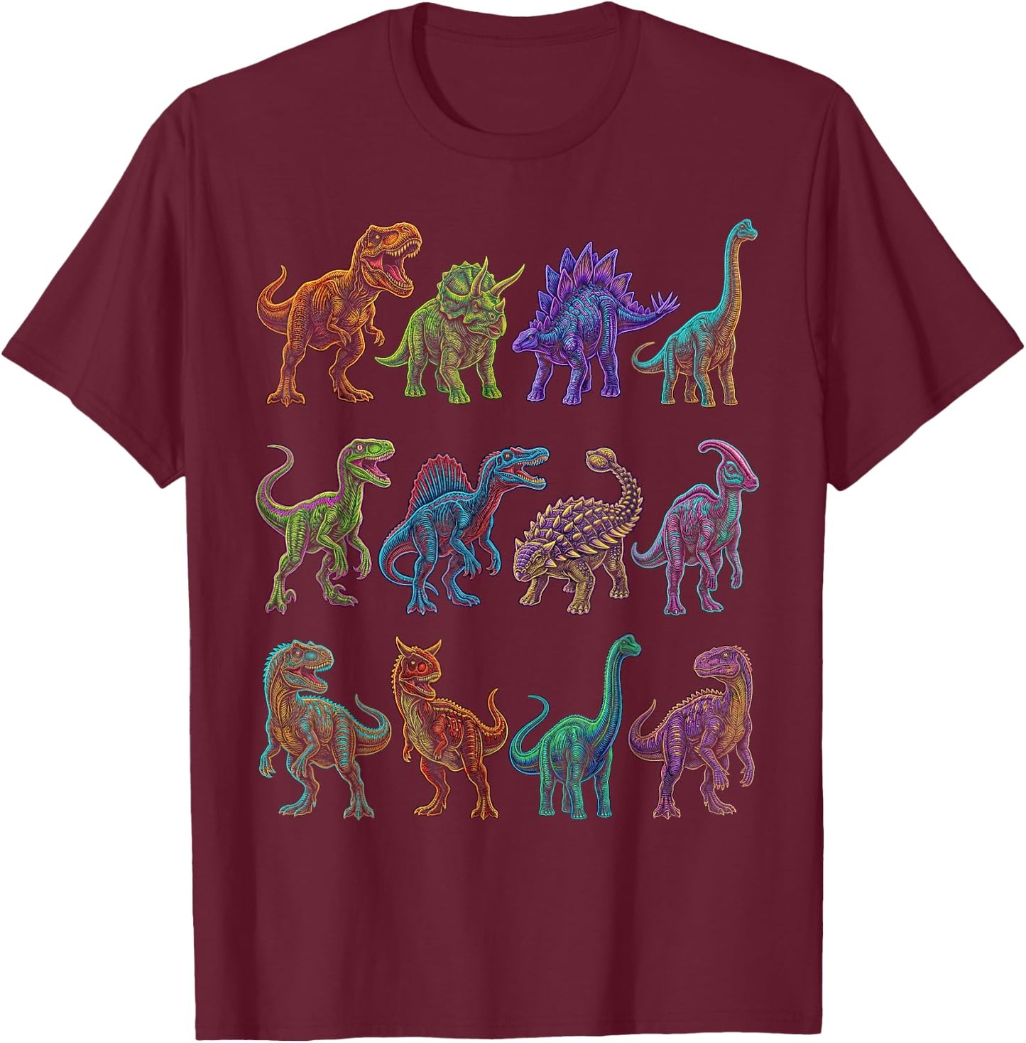 Dinosaur Species Chart Paleontology Prehistoric Animals T-Shirt - T-Shirt | Maroon