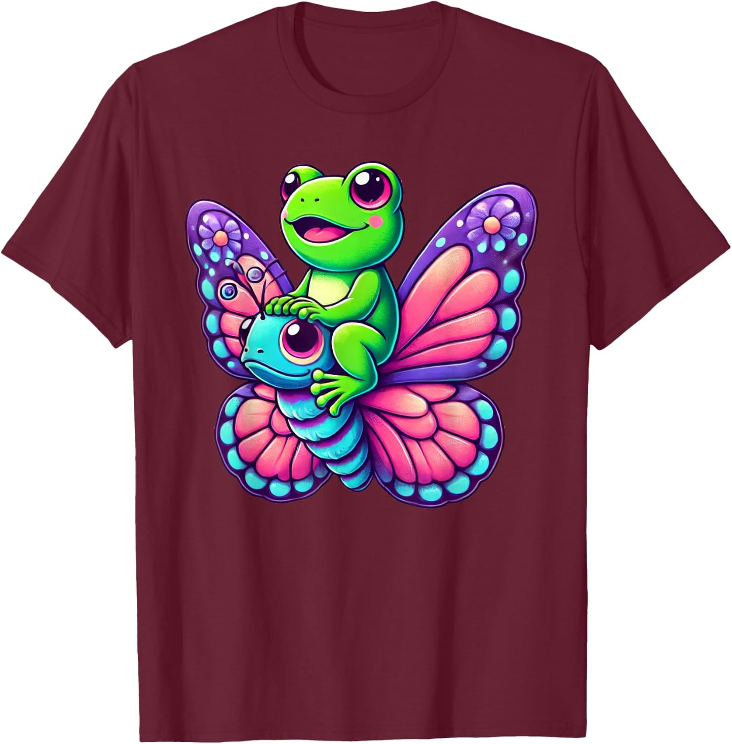 Cute Kawaii Frog Butterfly T-Shirt - T-Shirt | Maroon