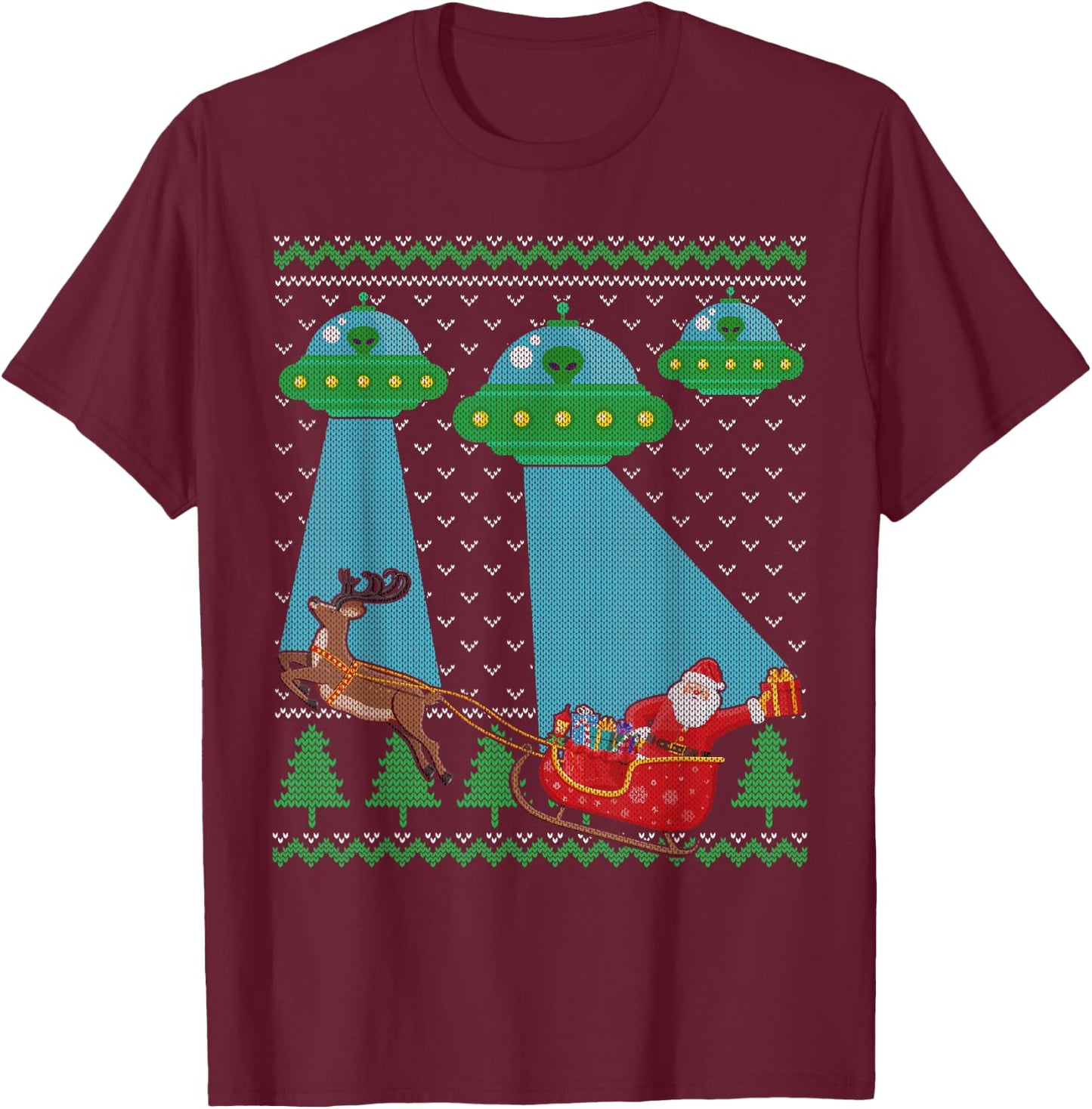 Funny Alien UFO Santa Sleigh Ugly Christmas Sweater Xmas PJS T-Shirt - T-Shirt | Maroon