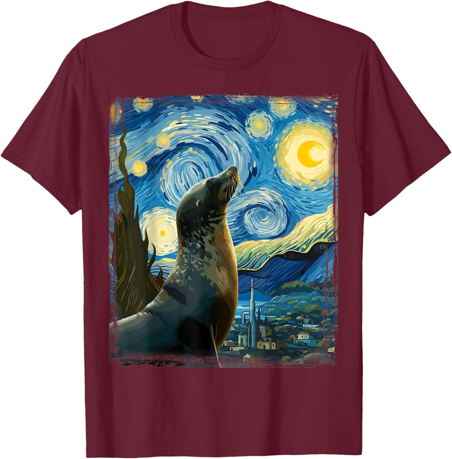 Van Gogh Style Starry Night Seal T-Shirt - T-Shirt | Maroon