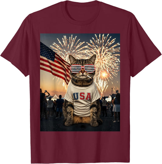 4th July Patriotic Cat Smoking Fireworks 250 Years Cat Lover T-Shirt - T-Shirt | Maroon