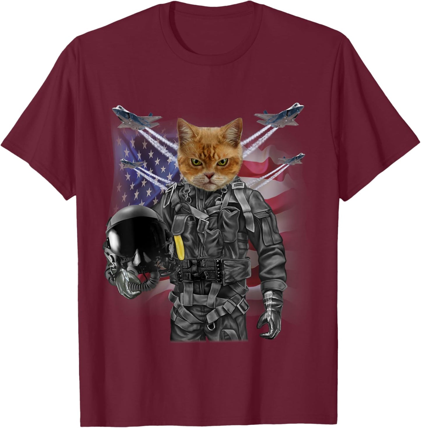 Disgruntle Cat as Fighter Jet Pilot, USA America Women Kids T-Shirt - T-Shirt | Maroon
