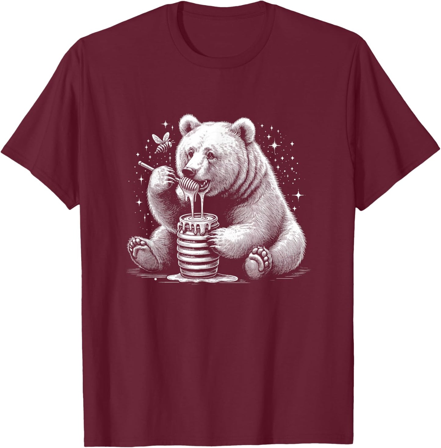 Cute Bear Eating Honey With Bee Graphic Art Design T-Shirt - T-Shirt | Maroon