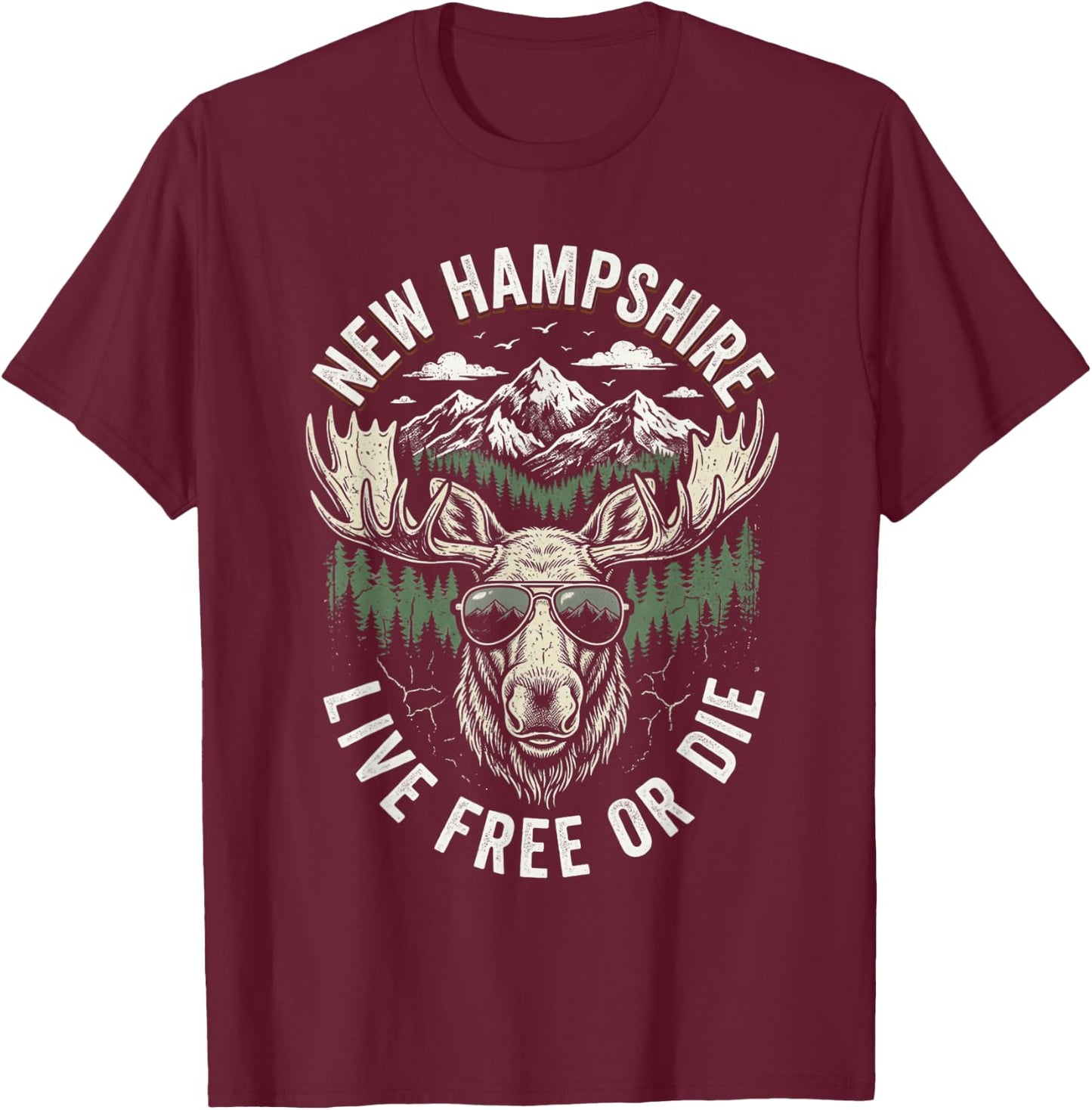 New Hampshire Live Free Or Die Moose Vintage Souvenir T-Shirt - T-Shirt | Maroon