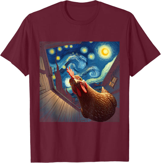 Van Gogh Funny Chicken Starry Night Art T-Shirt - T-Shirt | Maroon
