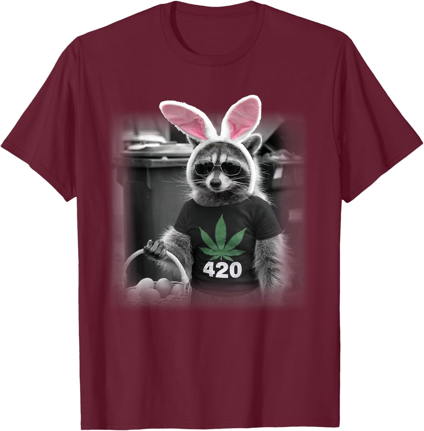 Happy 420 Easter Raccoon Bunny Marijuana Weed Cannabis T-Shirt - T-Shirt | Maroon