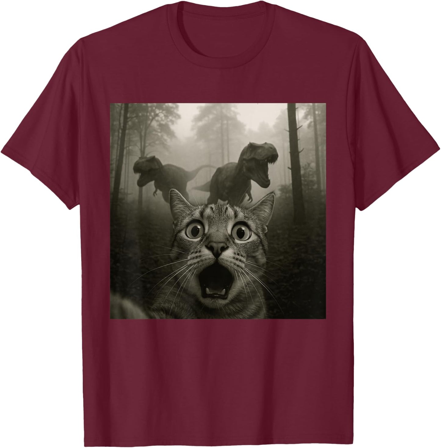Cat Selfie with Rex Dinosaur Funny Cat Kids Men Women T-Shirt - T-Shirt | Maroon