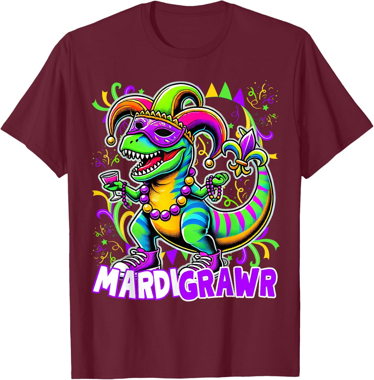 Mardi Gras T Rex Dinosaur Mardi Grawr Bead Costume Boys Kids T-Shirt - T-Shirt | Maroon