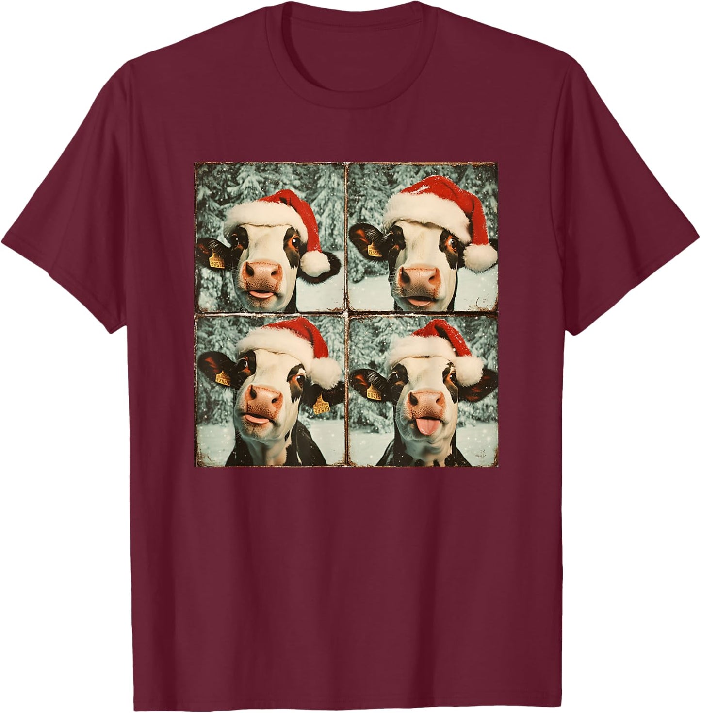 Love Cows Xmas Cow Lover Black Small Winter Graphic Animal Cartoon Short Sleeve Festive Unique Festive Graphic Design with Cow in Santa Hat T-Shirt - T-Shirt | Maroon