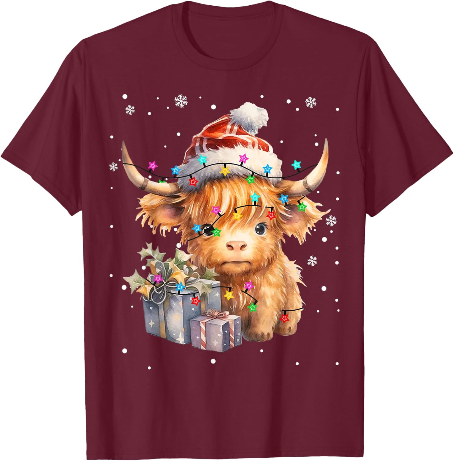 Cute Highland Cow Christmas Lights Merry Xmas Cows Farmer PJ T-Shirt - T-Shirt | Maroon
