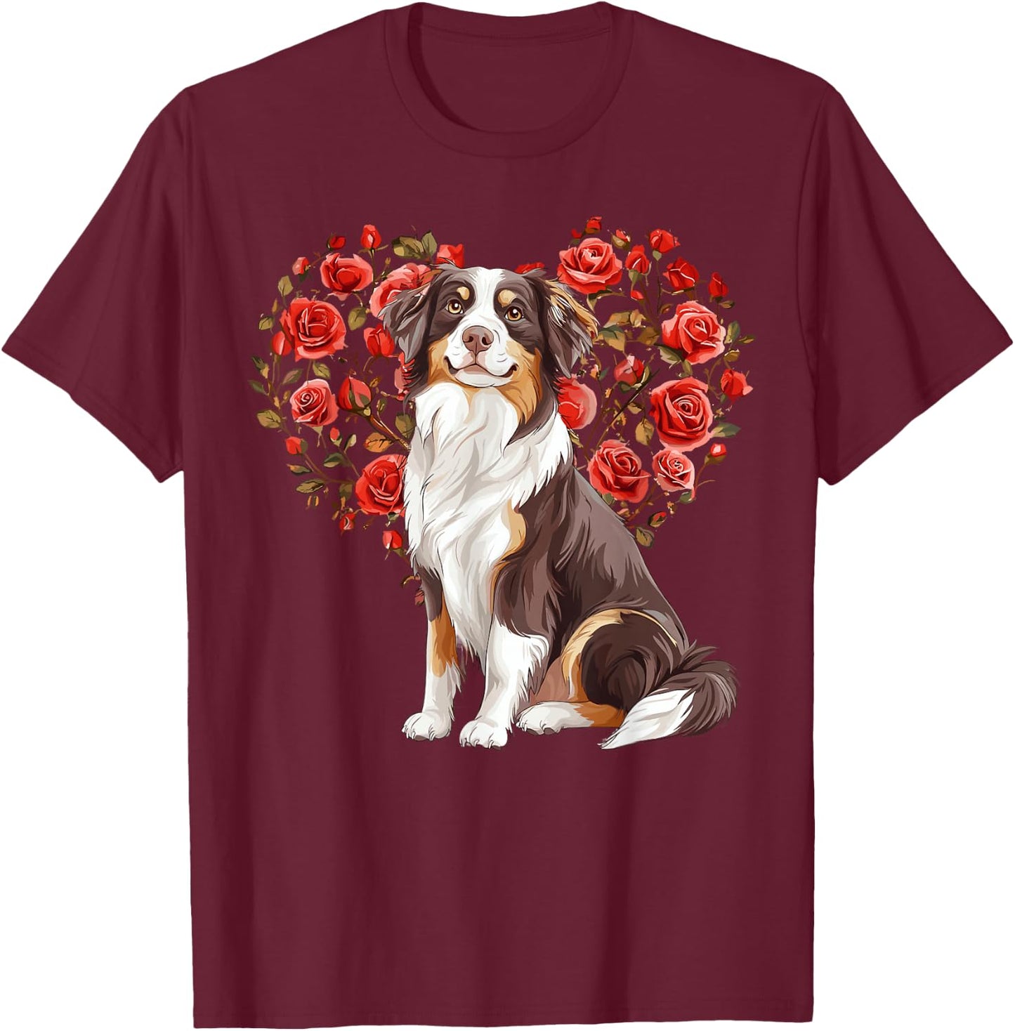 Australian Shepherd Valentines Day Aussie Lover Floral Heart T-Shirt - T-Shirt | Maroon