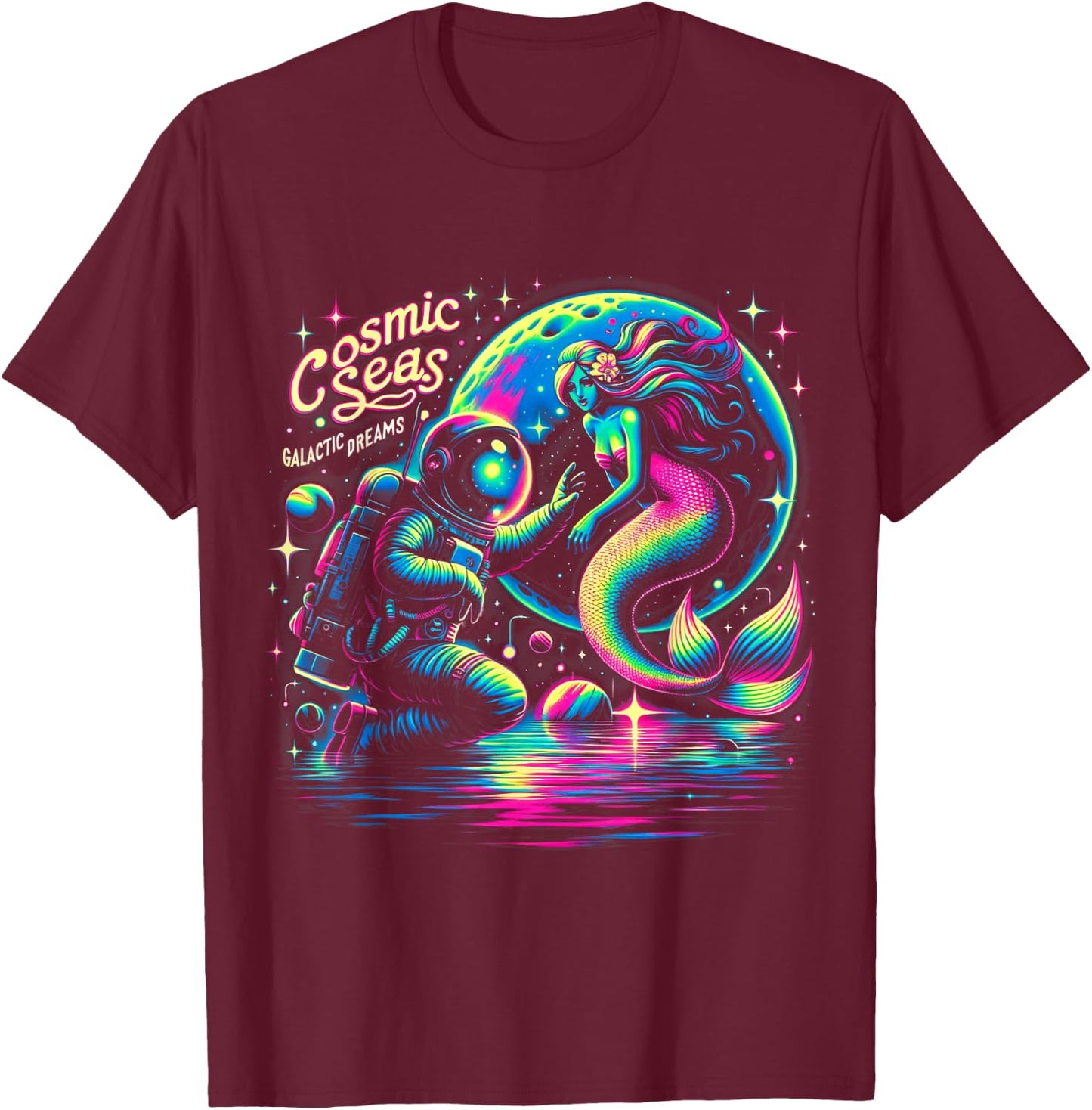 Cosmic Encounter - Astronaut Meets Space Mermaid Psychedelic T-Shirt - T-Shirt | Maroon