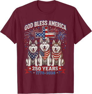 250 Years America Siberian Husky Patriotic USA 4th of July T-Shirt - T-Shirt | Maroon