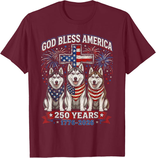 250 Years America Siberian Husky Patriotic USA 4th of July T-Shirt - T-Shirt | Maroon
