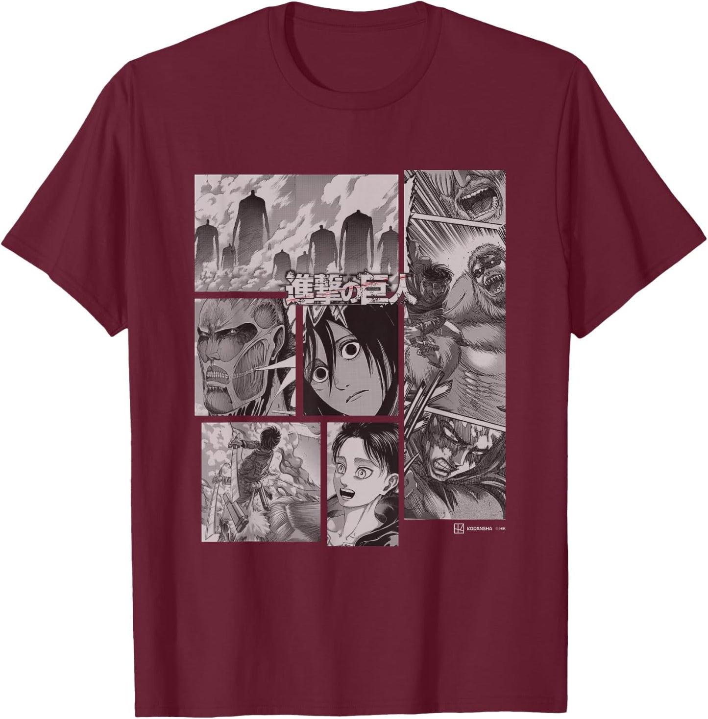Attack on Titan Eren Vs Titans Split Anime Panels , black T-Shirt - T-Shirt | Maroon