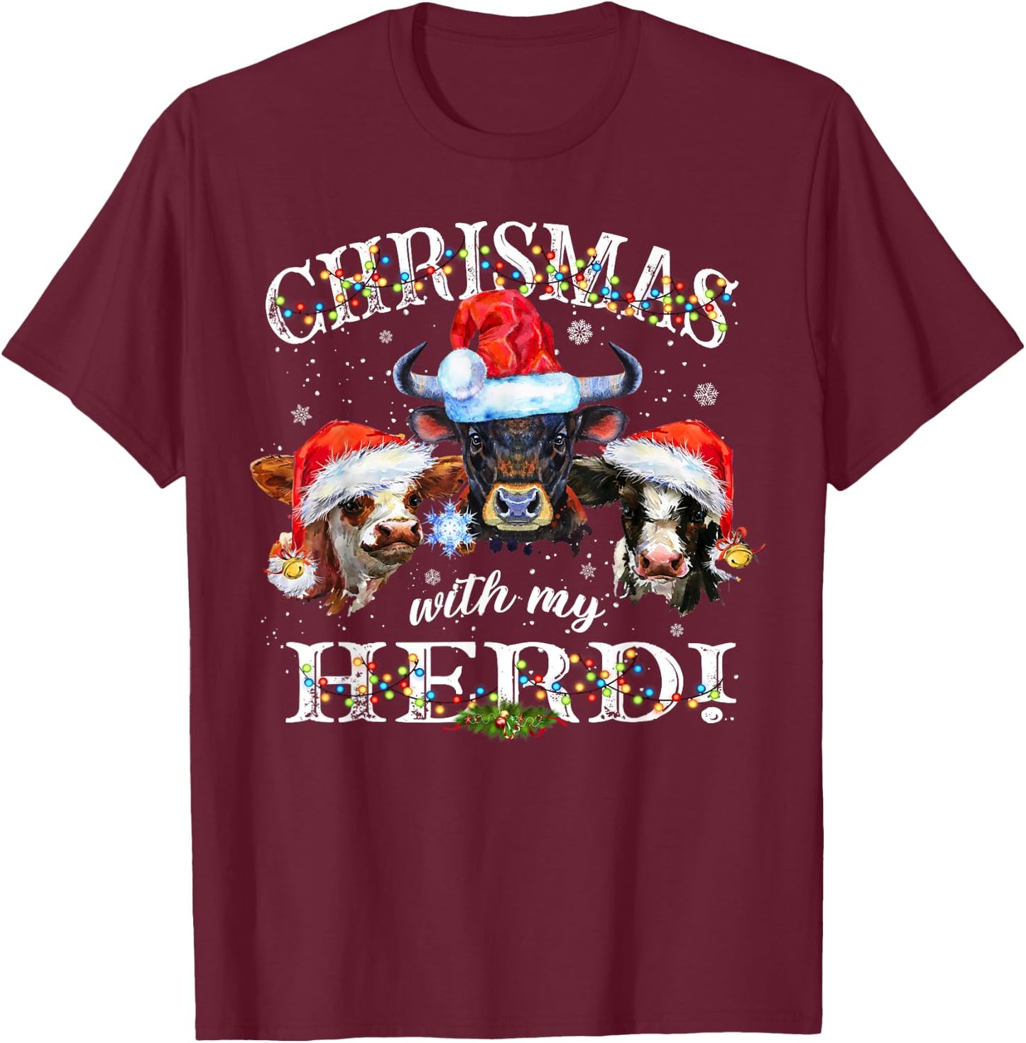 Christmas With My Herd Matching Holiday Cows Farmer Pajama T-Shirt - T-Shirt | Maroon