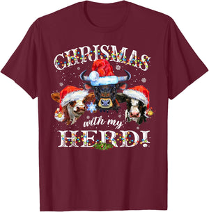 Christmas With My Herd Matching Holiday Cows Farmer Pajama T-Shirt - T-Shirt | Maroon