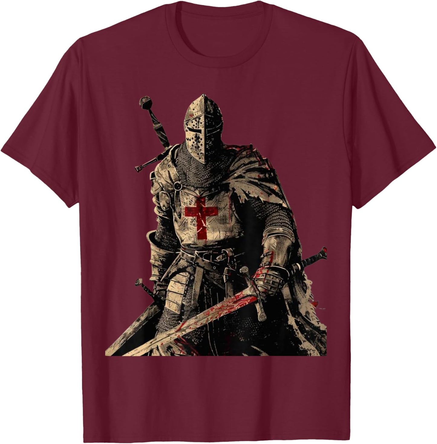 Knight Templar Christian Warrior of God Crusader Gift , Black, S T-Shirt - T-Shirt | Maroon