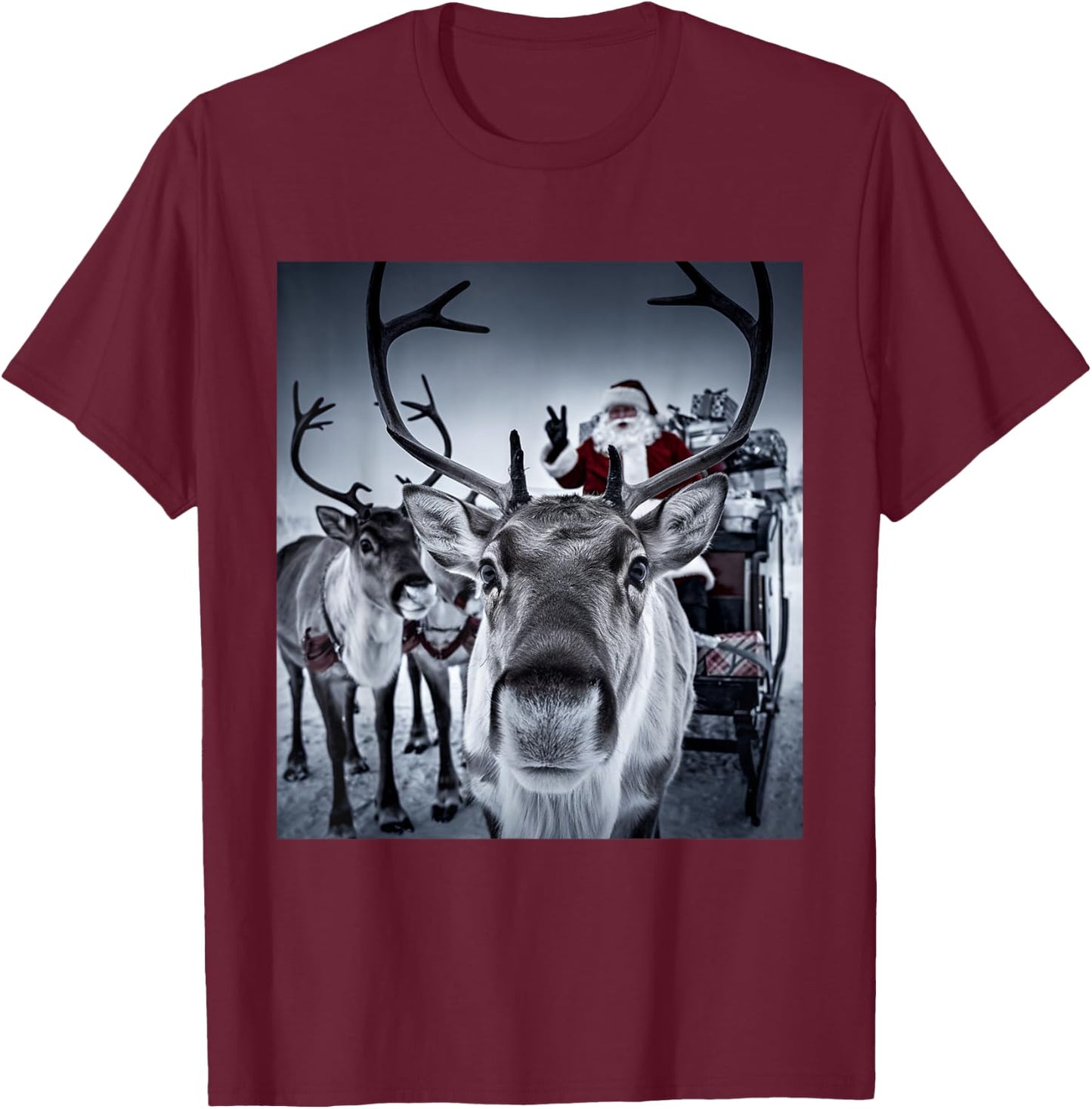 Funny Santa Selfie With Reindeer Cute Christmas Family Kids T-Shirt - T-Shirt | Maroon