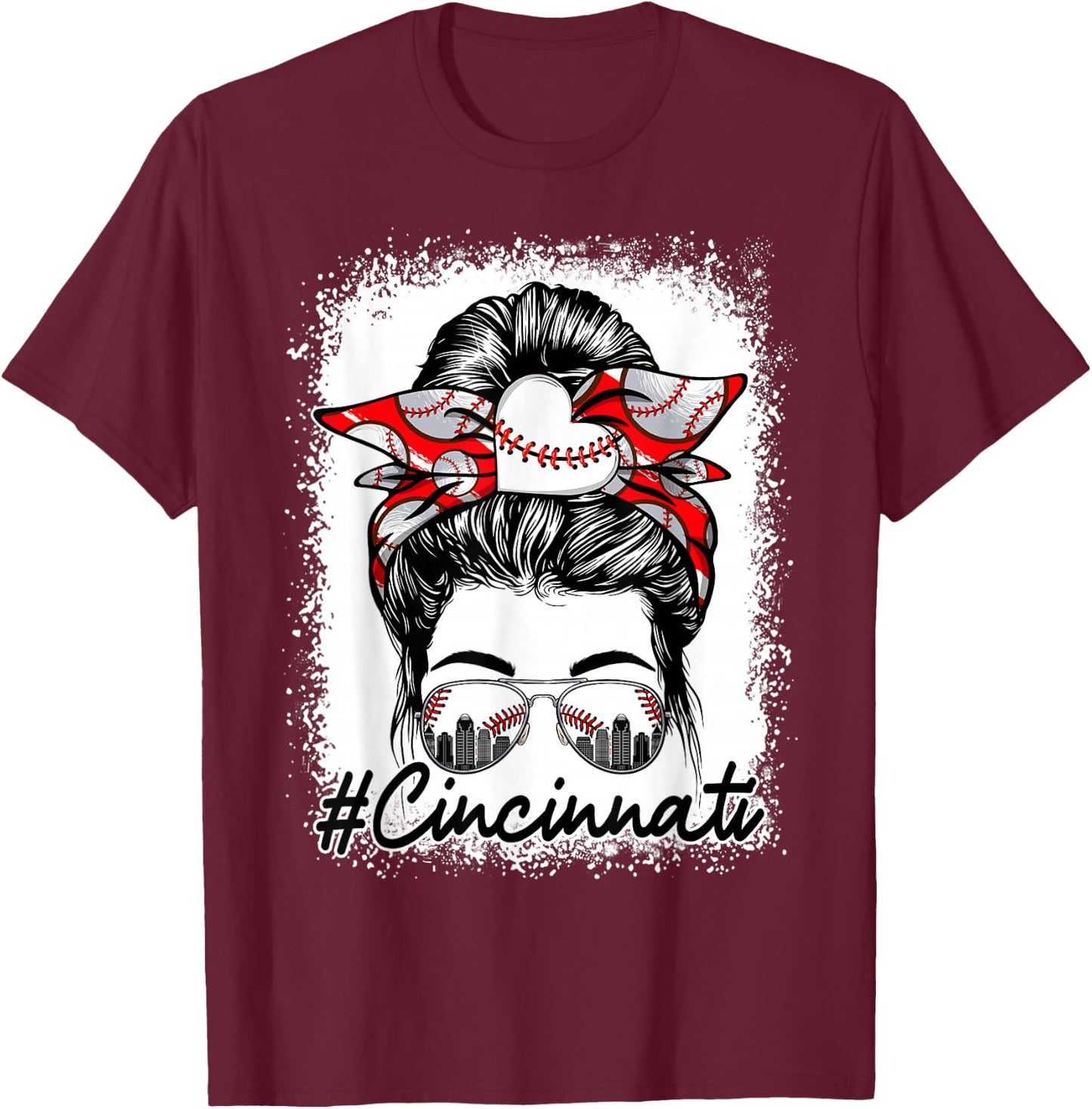 Messy Bun Women Baseball Lover Graphic Funny Cincinnati T-Shirt - T-Shirt | Maroon