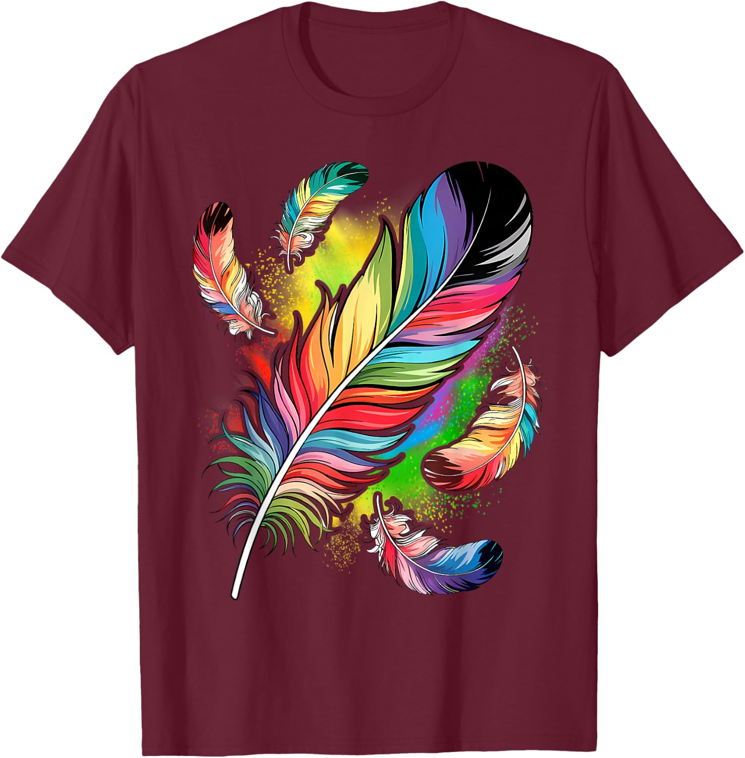 Colorful Feathers Boho Style, Bird, Native Americans, Symbol T-Shirt - T-Shirt | Maroon