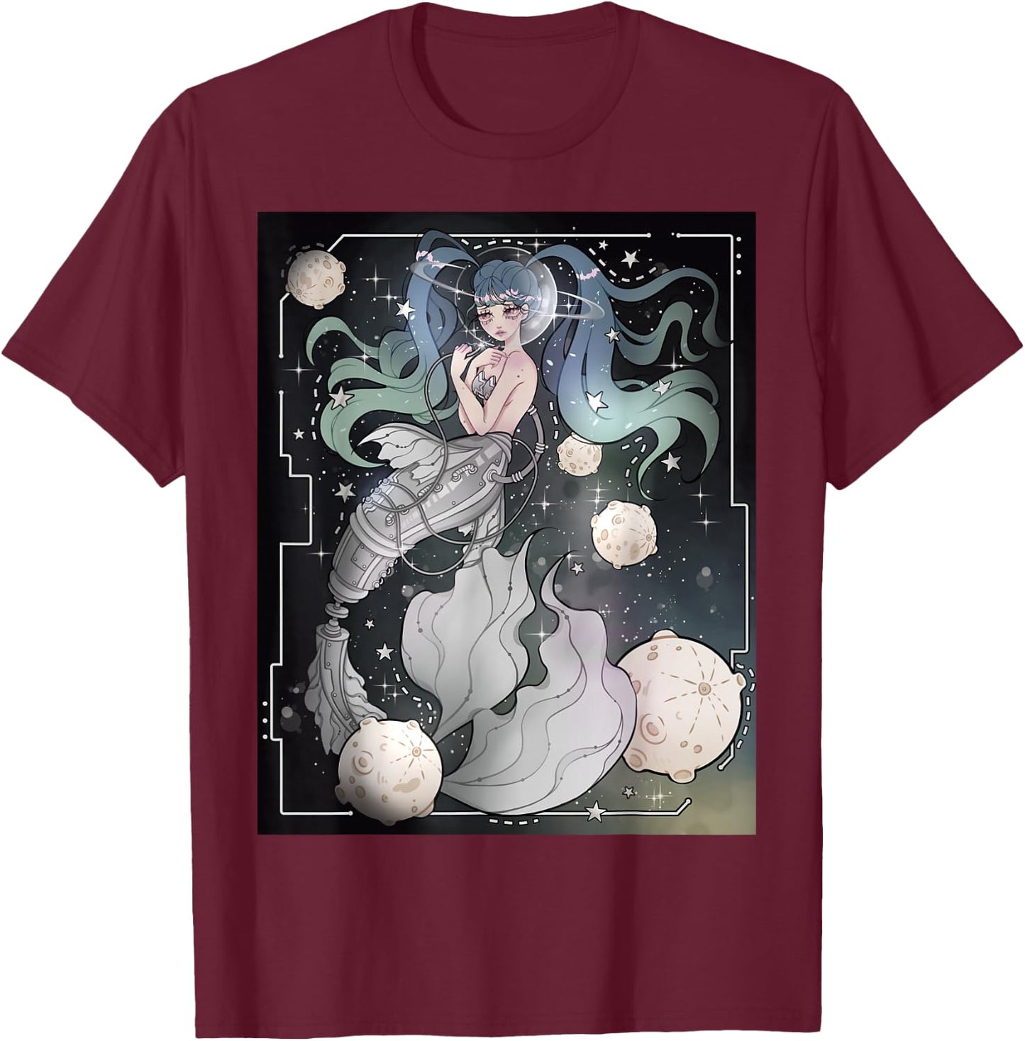 Steampunk Cyberpunk Graphic Mermaid in Space T-Shirt - T-Shirt | Maroon