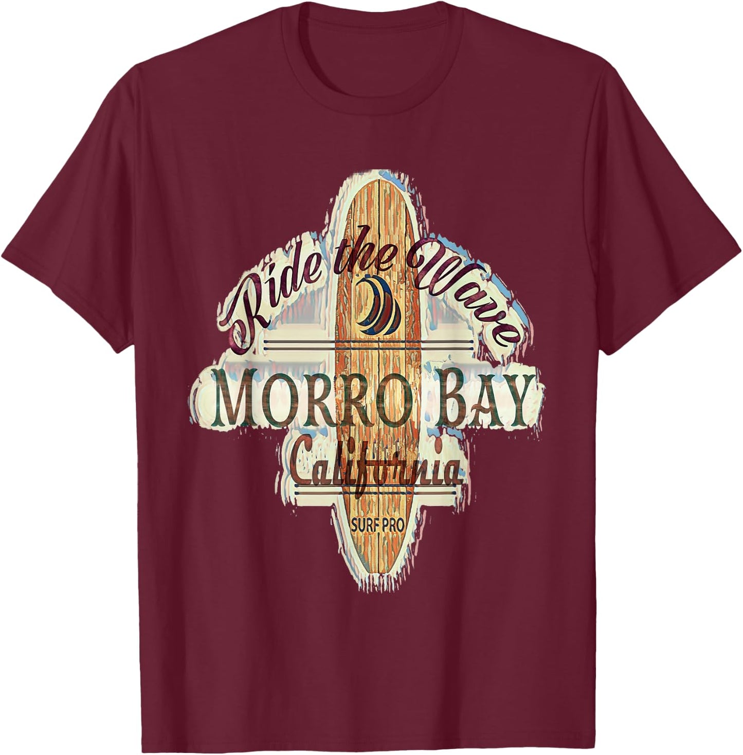 Surfing, Surfboard, Distressed Longboard Morrow Bay T-Shirt - T-Shirt | Maroon