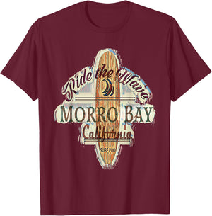 Surfing, Surfboard, Distressed Longboard Morrow Bay T-Shirt - T-Shirt | Maroon