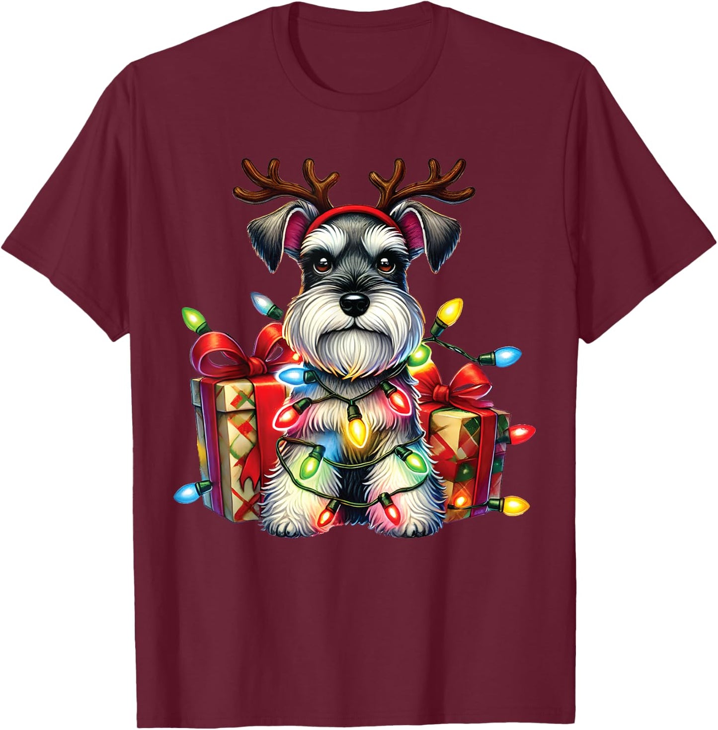 Miniature Schnauzer Dog Lovers Reindeer Christmas Lights T-Shirt - T-Shirt | Maroon