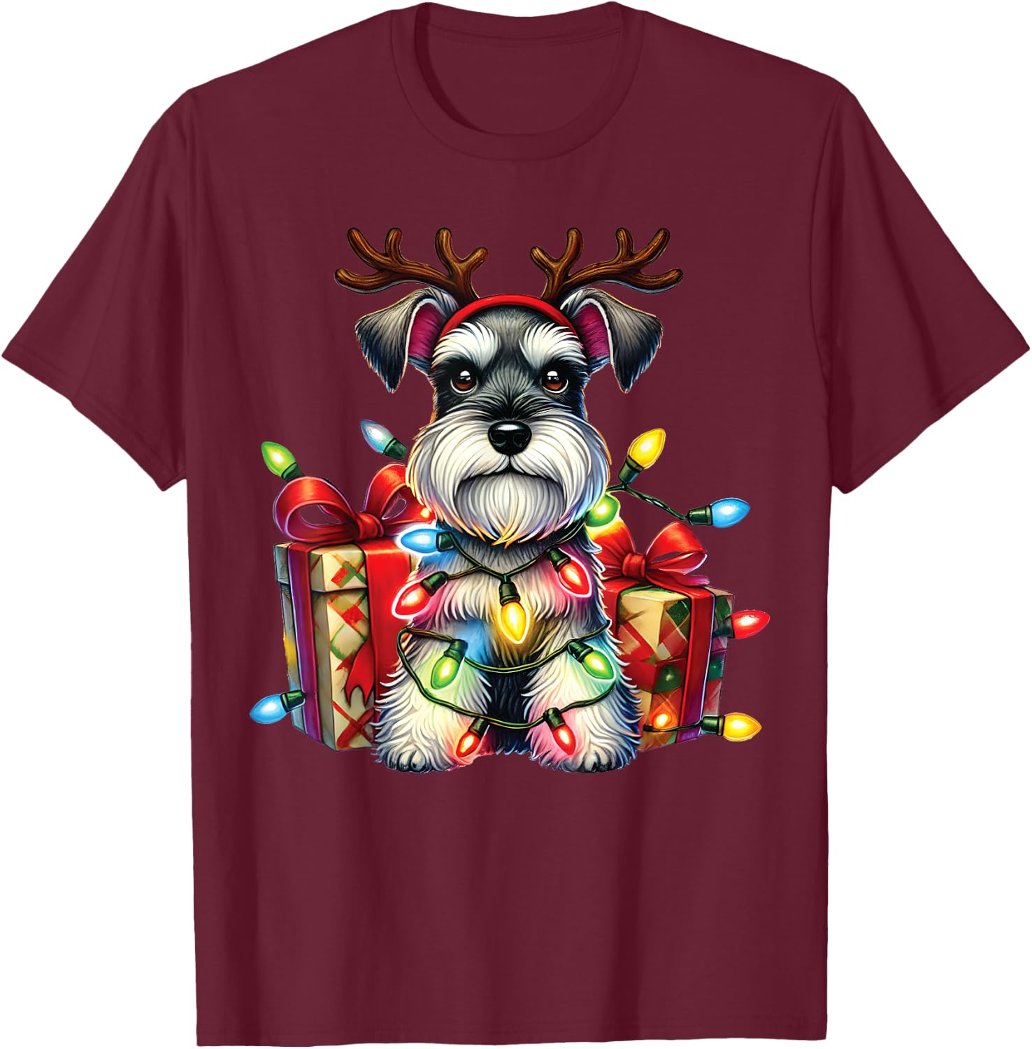 Miniature Schnauzer Dog Lovers Reindeer Christmas Lights T-Shirt - T-Shirt | Maroon