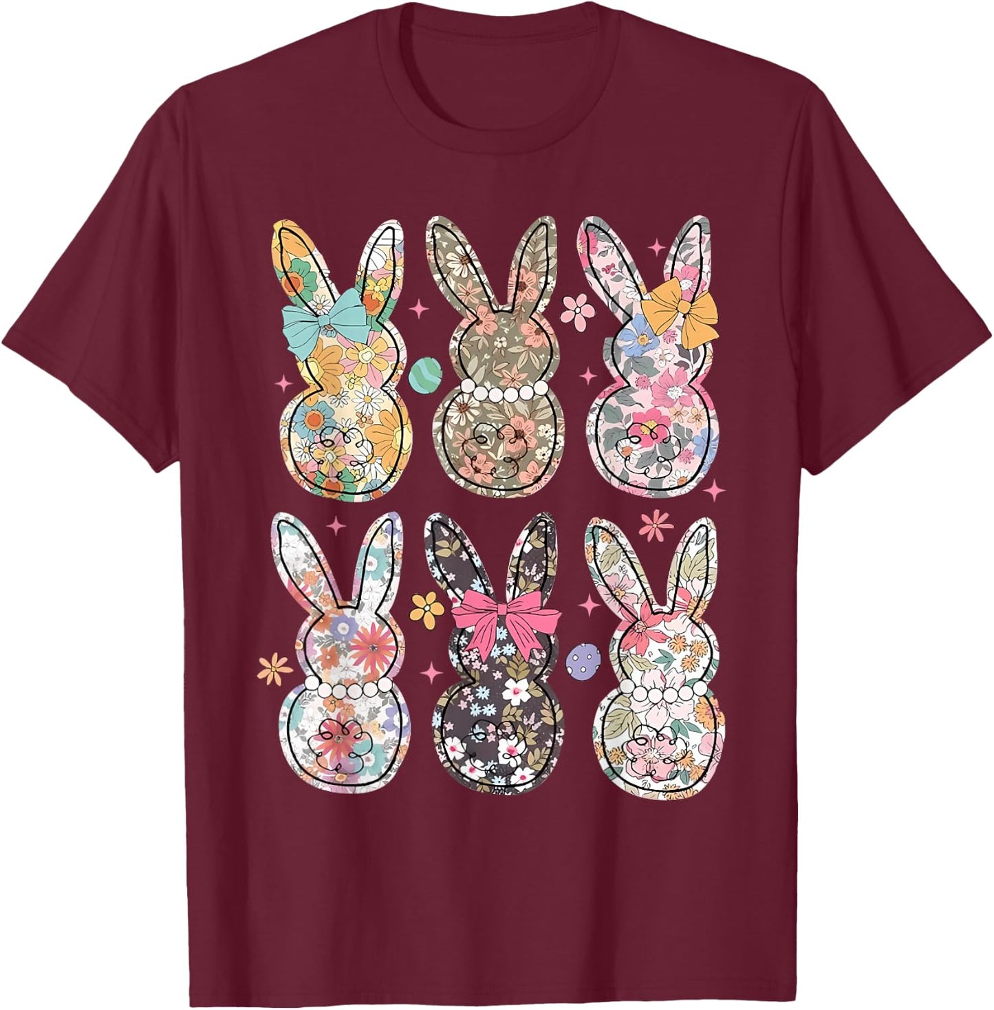 Easter Chinoiserie Floral Bunny With Cute Bow Coquette T-Shirt - T-Shirt | Maroon