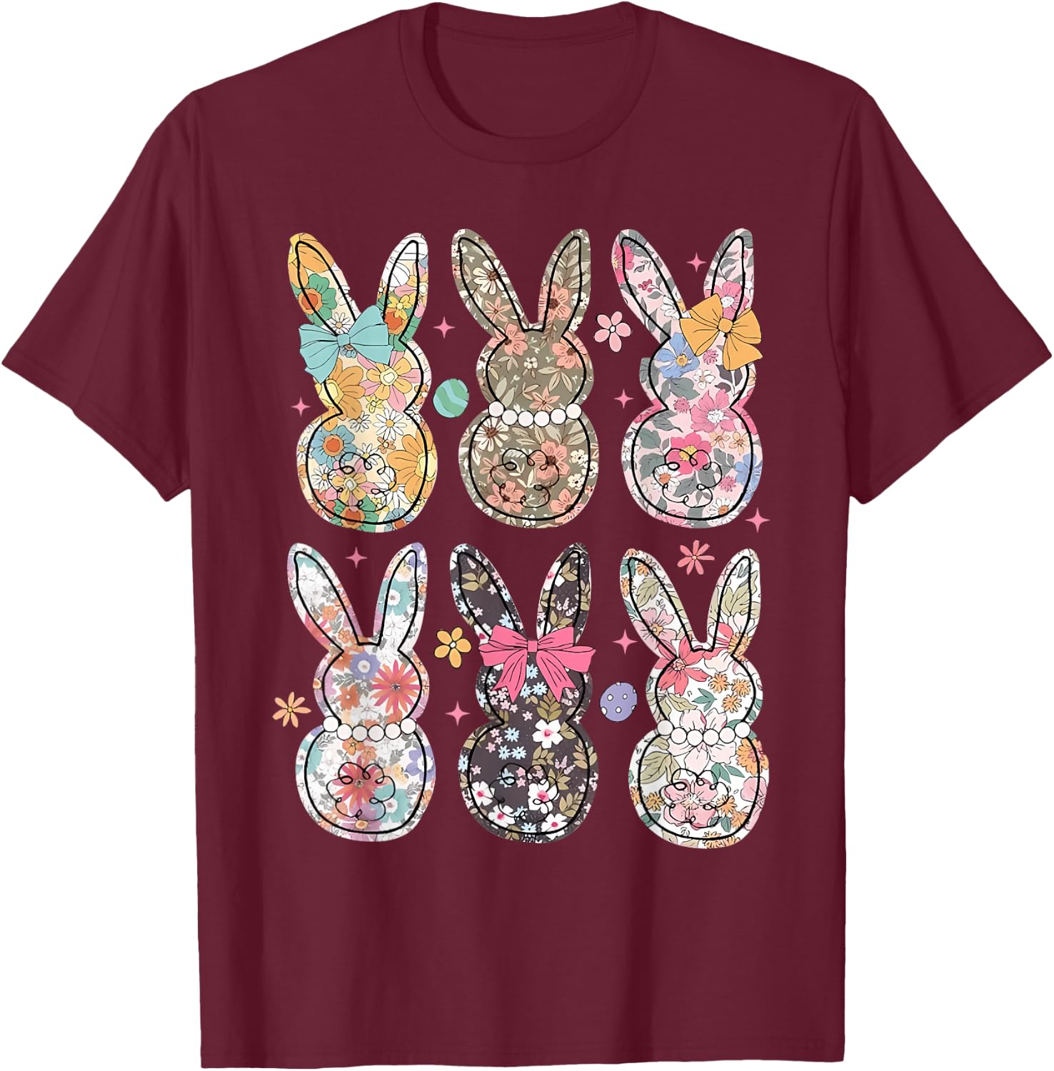 Easter Chinoiserie Floral Bunny With Cute Bow Coquette T-Shirt - T-Shirt | Maroon