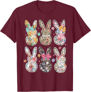 Easter Chinoiserie Floral Bunny With Cute Bow Coquette T-Shirt - T-Shirt | Maroon