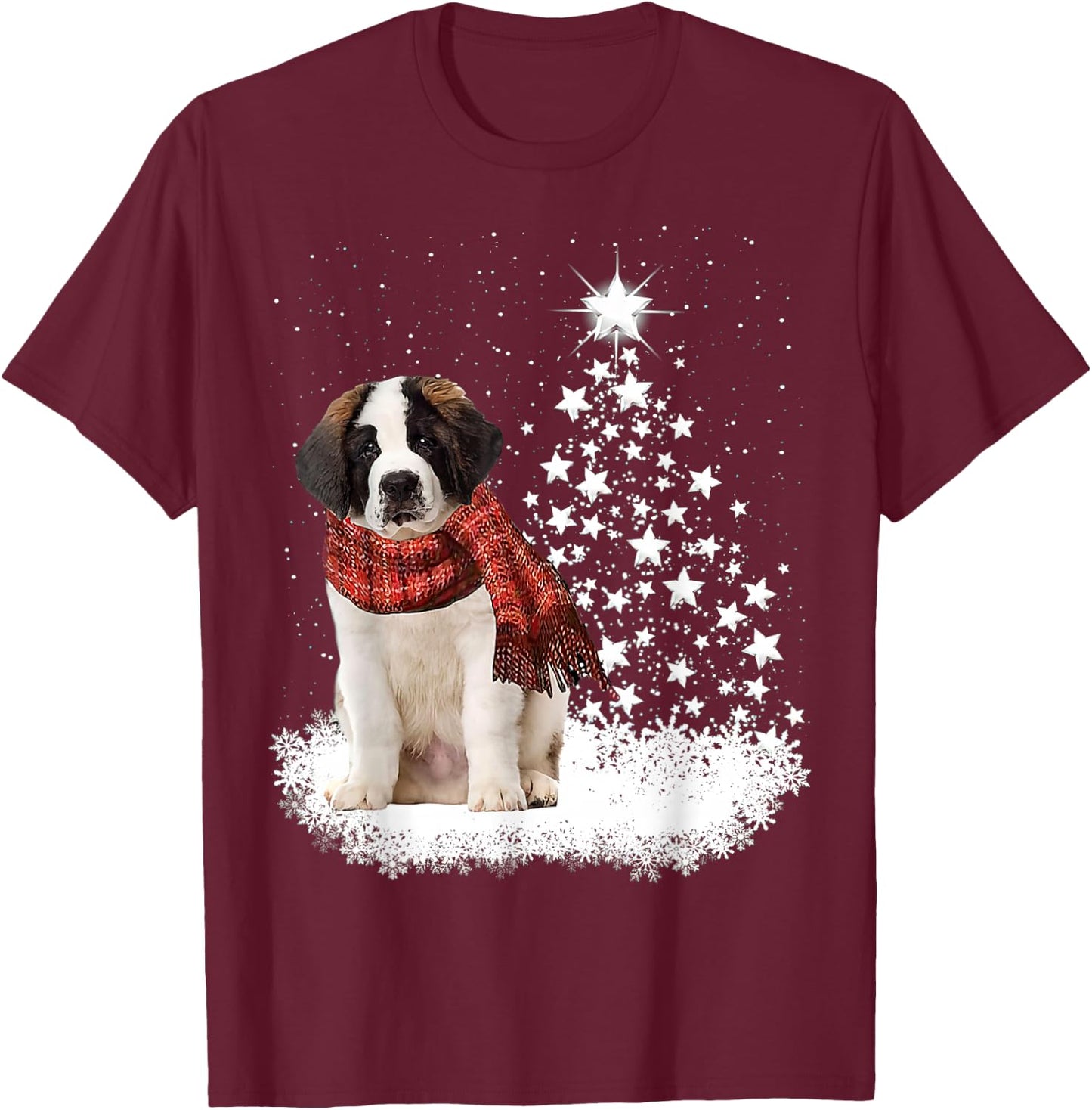 Saint Bernard On Snow Christmas Tree Lighting Scarf Xmas T-Shirt - T-Shirt | Maroon