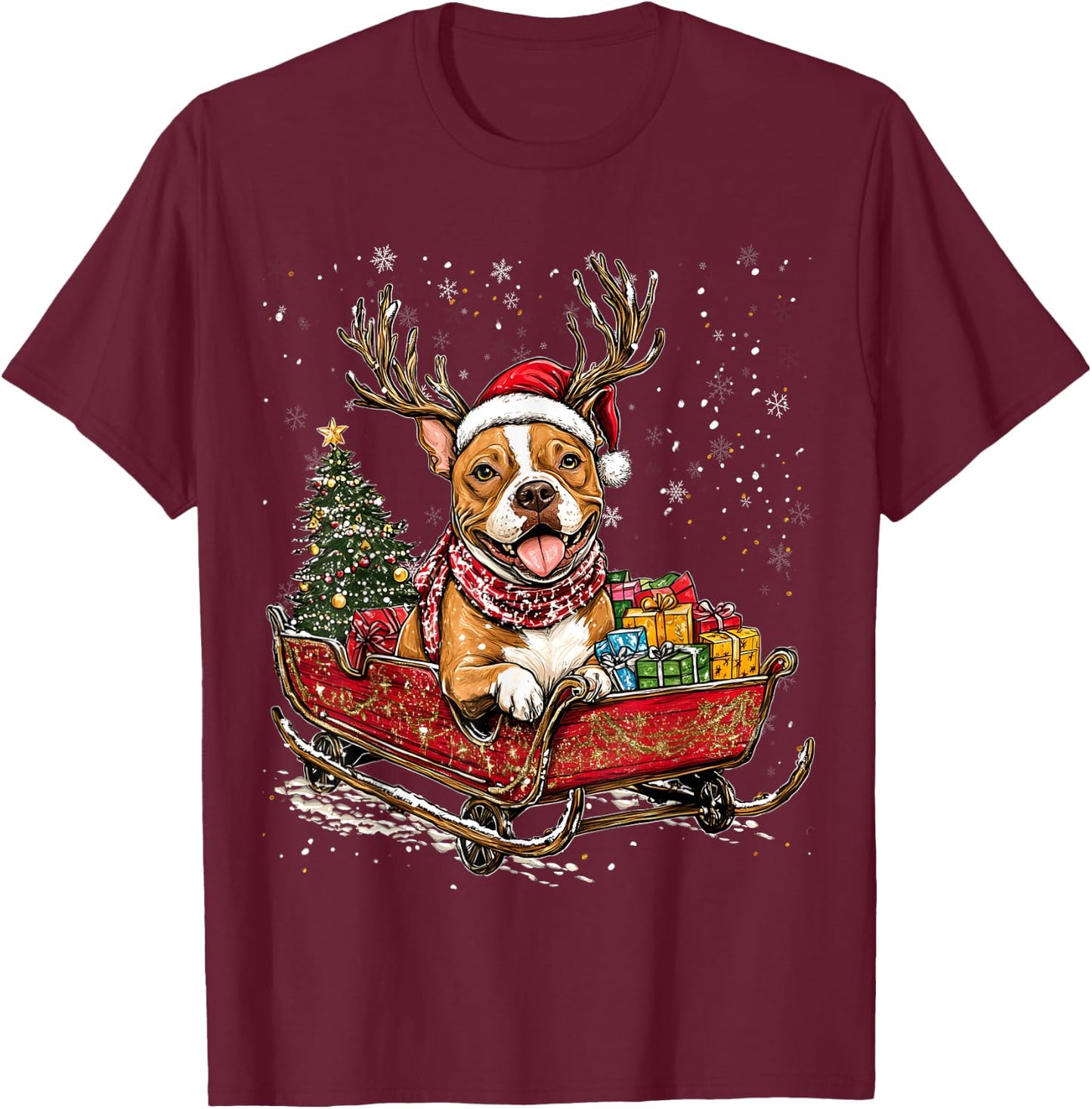 Santa Pitbull reindeer Light Christmas T-Shirt - T-Shirt | Maroon