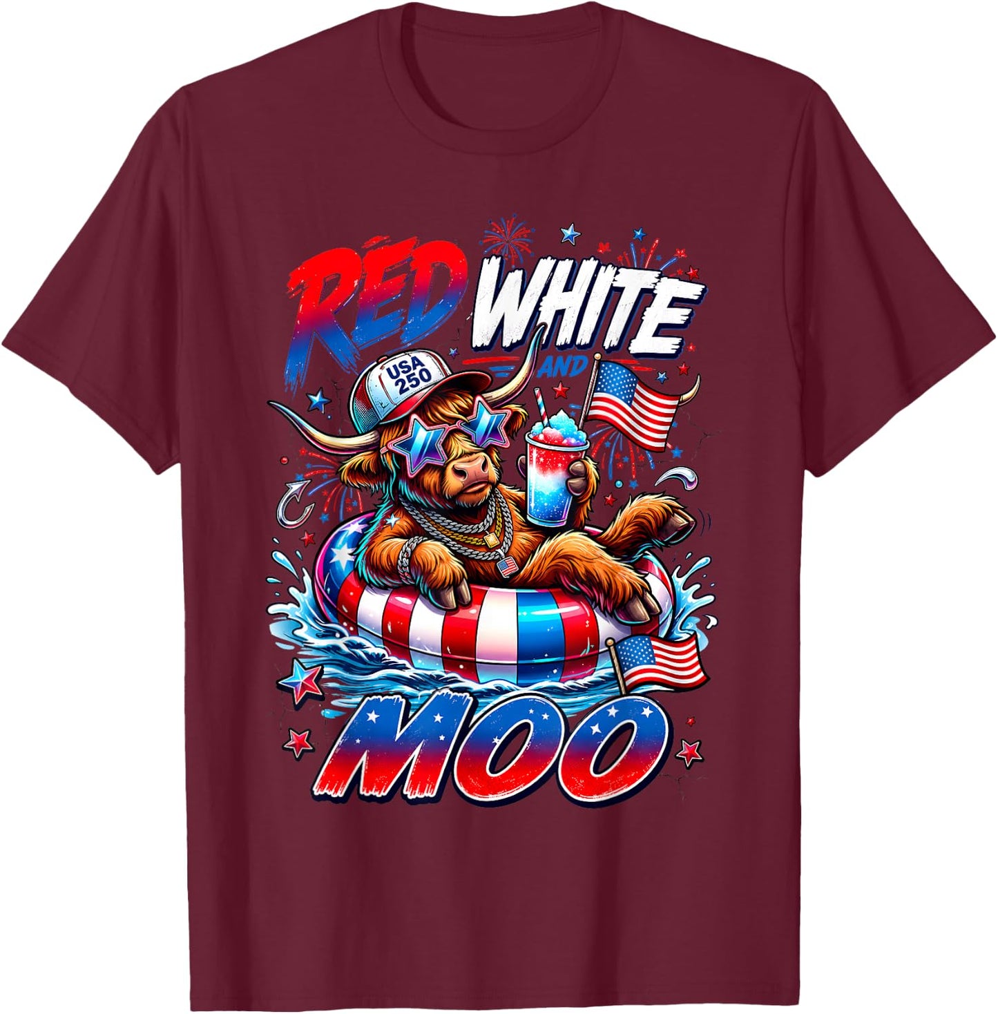 Red White and Moo Highland Cow 4th July 250 Years Patriotic T-Shirt - T-Shirt | Maroon