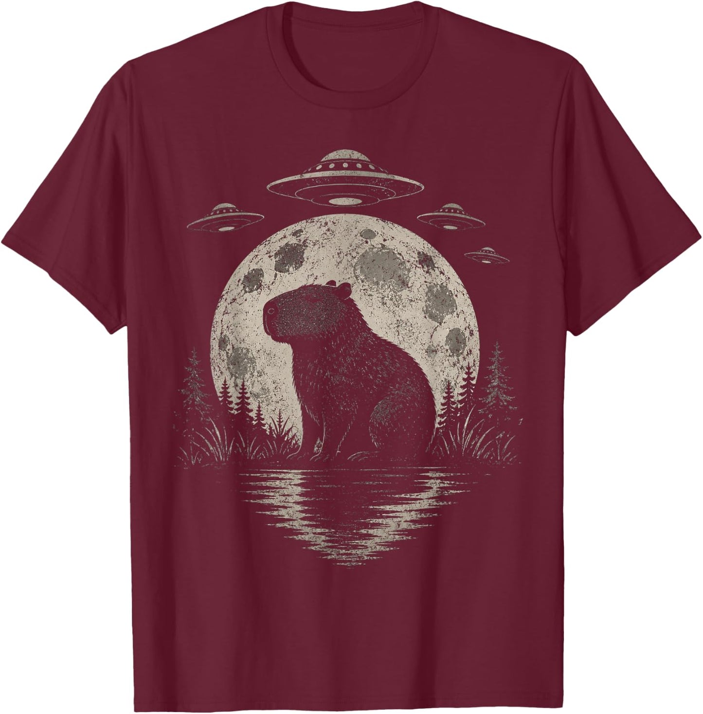 Funny Capybara Moon Alien UFO Evidence Photo Vintage T-Shirt - T-Shirt | Maroon