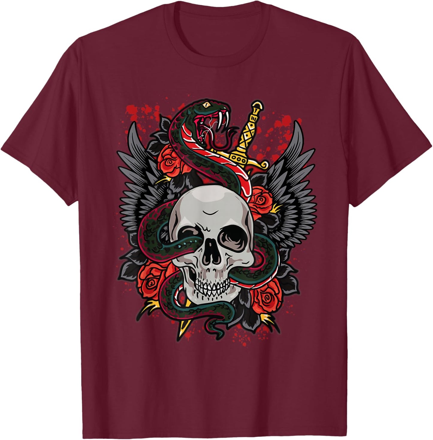 Snake Skull & Dagger Vintage Traditional Tattoo T-Shirt - T-Shirt | Maroon