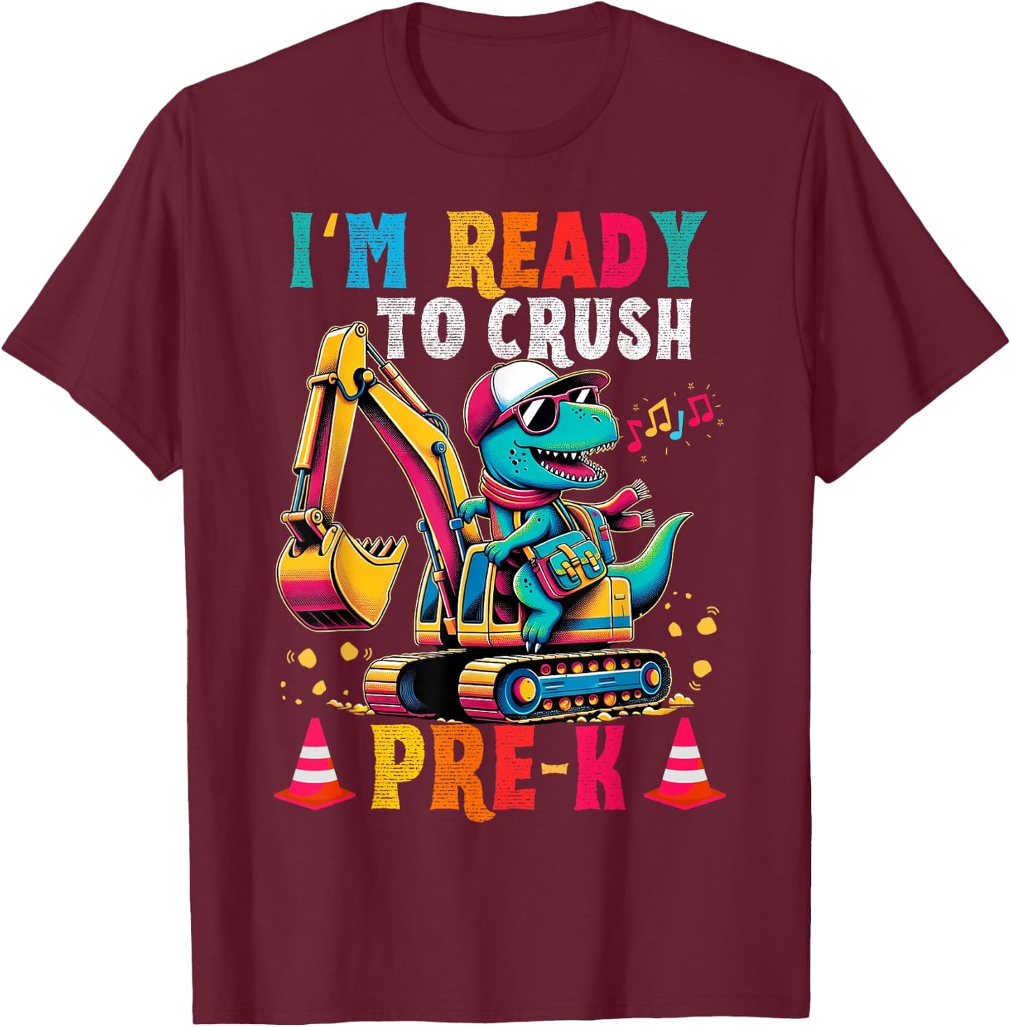 First day back to School Pre-k Kids Excavator Dinosaur boys T-Shirt - T-Shirt | Maroon