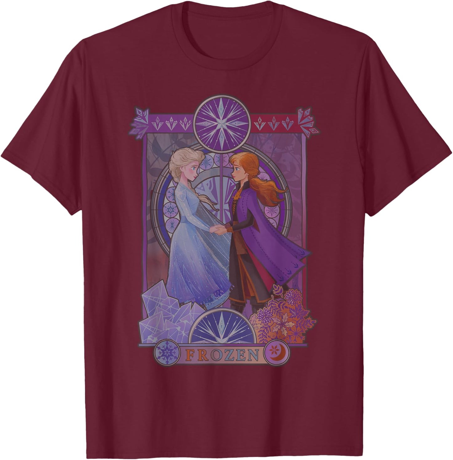Disney Frozen 2 Anna & Elsa Stained Glass Portrait T-Shirt - T-Shirt | Maroon