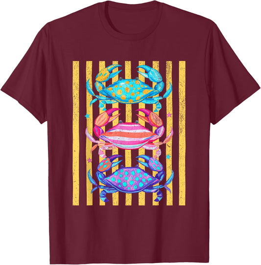 Preppy Crabs Striped Retro Summertime Travel Beach Vacation T-Shirt - T-Shirt | Maroon