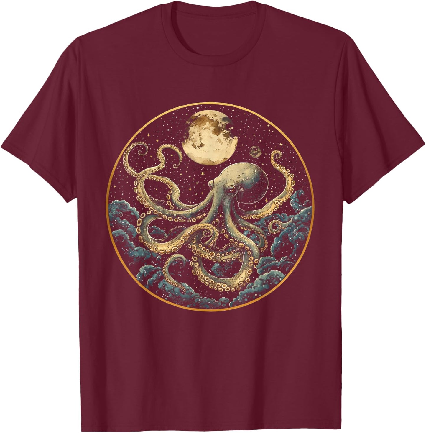 Octopus Celestial Moon Dark Academia Moody Maximalist Ocean T-Shirt - T-Shirt | Maroon