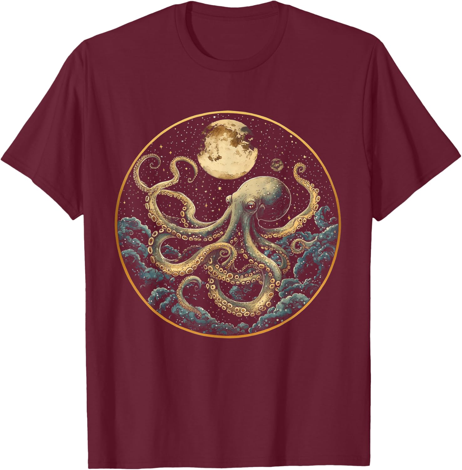 Octopus Celestial Moon Dark Academia Moody Maximalist Ocean T-Shirt - T-Shirt | Maroon
