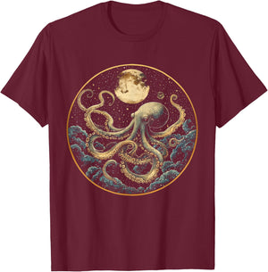 Octopus Celestial Moon Dark Academia Moody Maximalist Ocean T-Shirt - T-Shirt | Maroon