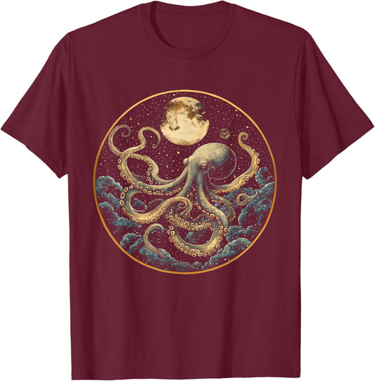 Octopus Celestial Moon Dark Academia Moody Maximalist Ocean T-Shirt - T-Shirt | Maroon