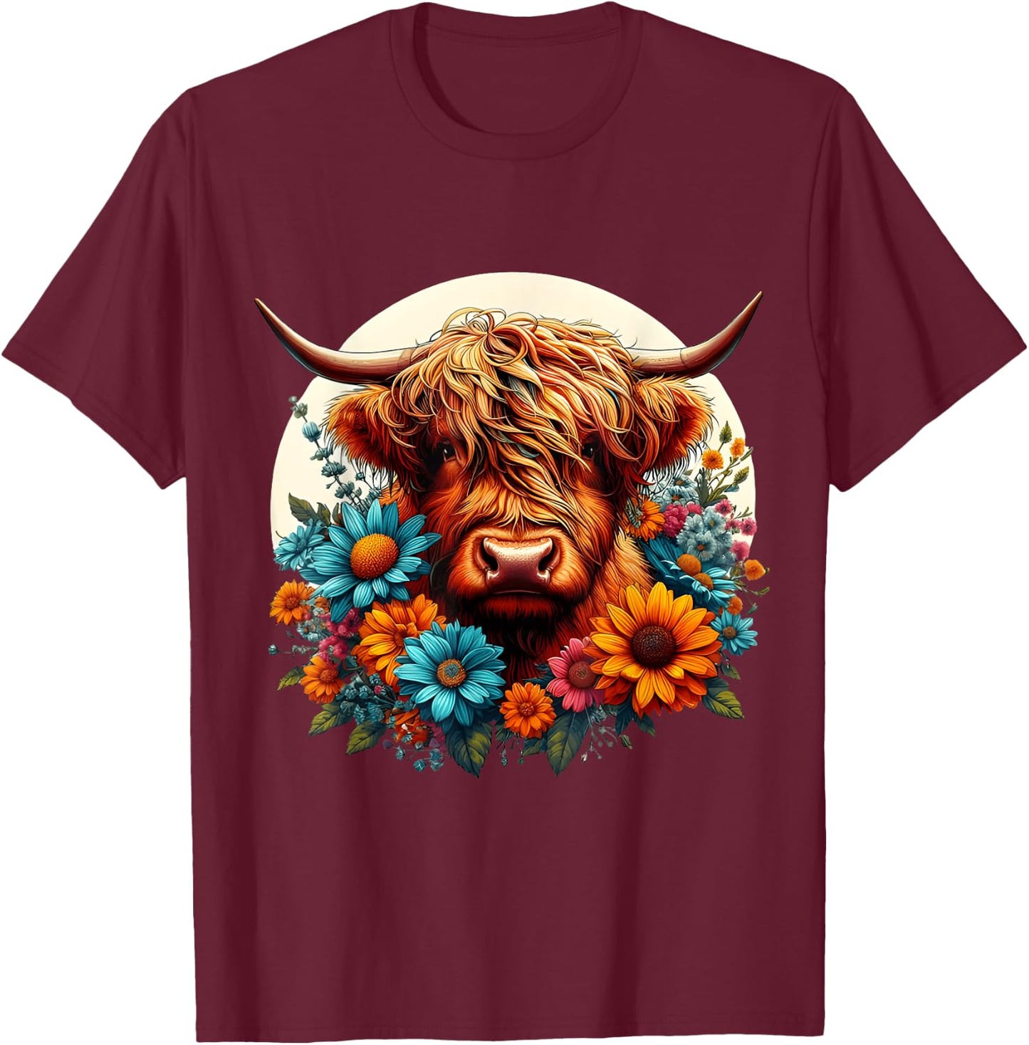 Scottish Cute Highland Cow Cattle Hairy Cow Flowers Colorful T-Shirt - T-Shirt | Maroon
