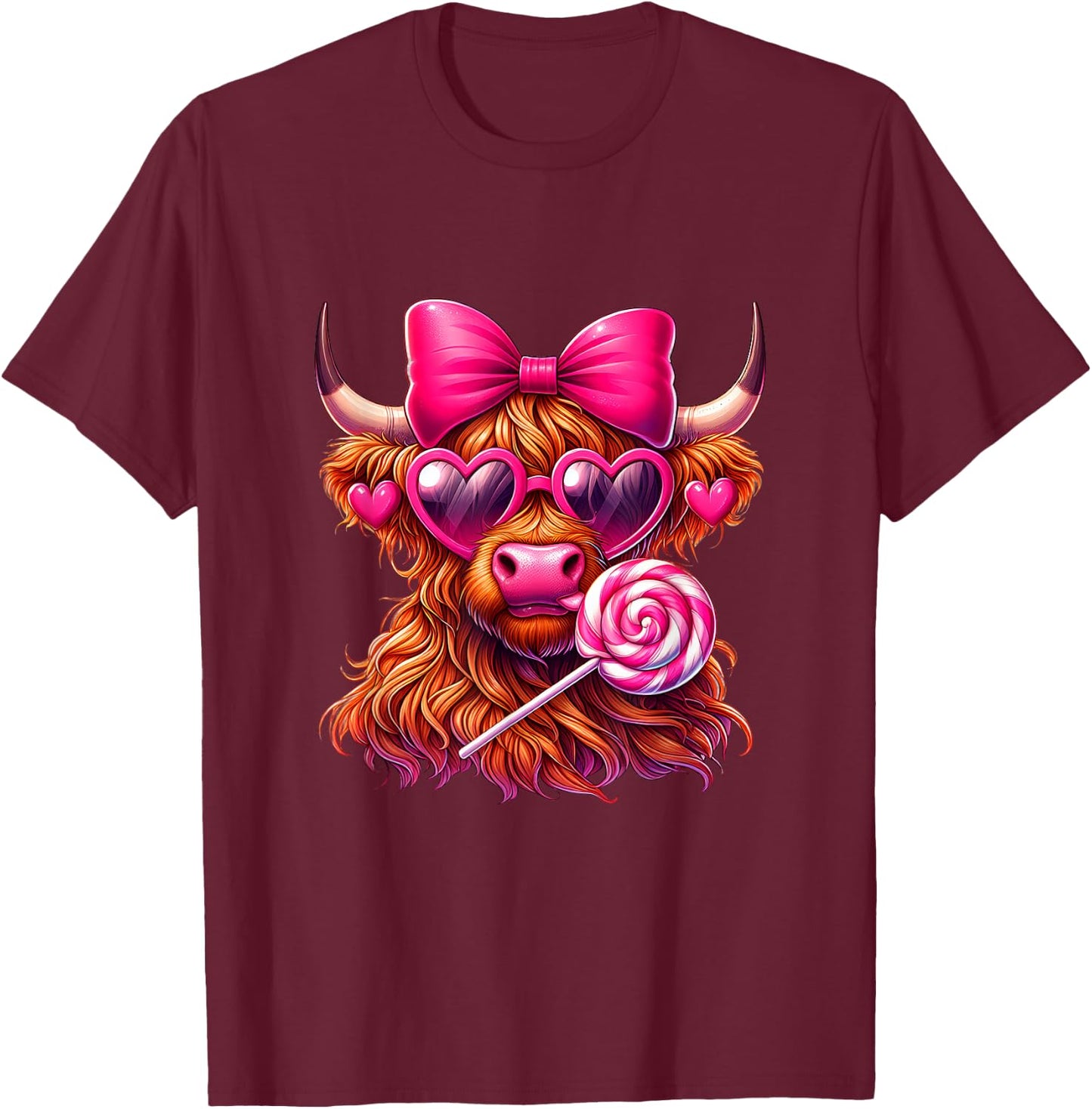 Valentines Highland Cow coquette bow Heart Glasses Lollipop T-Shirt - T-Shirt | Maroon