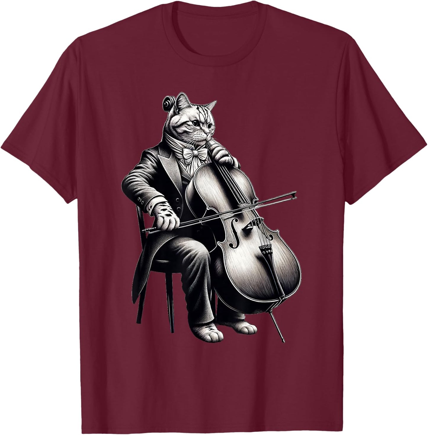 Cute Cat Playing Cello Musician Music T-Shirt - T-Shirt | Maroon